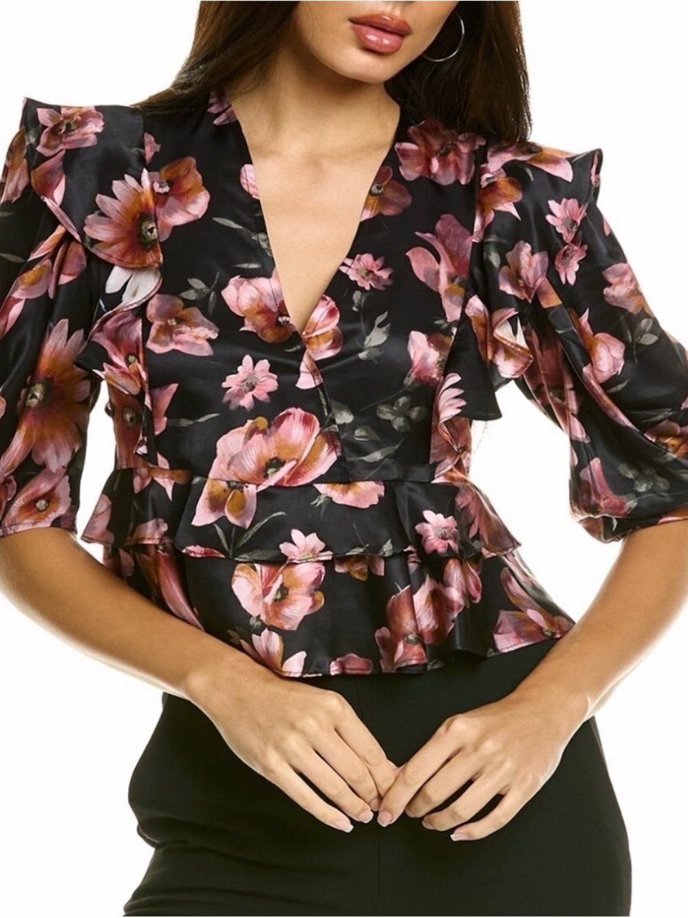 The Kooples - Floral Ruffle V-Neck Blouse - Black with Pink Floral